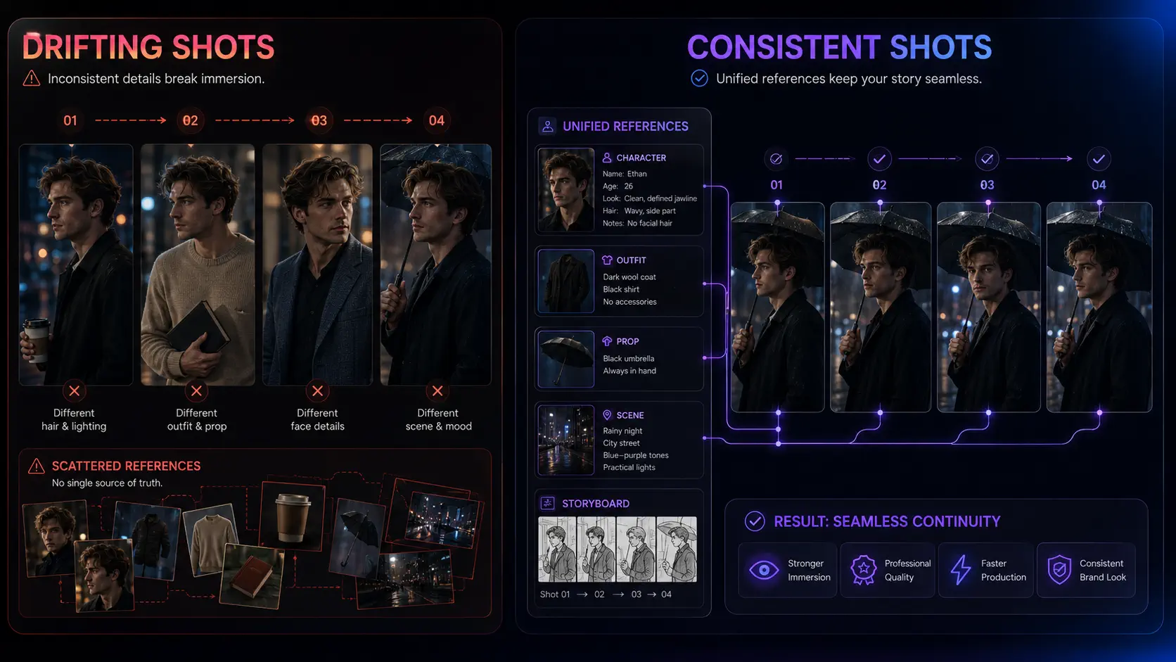 Comparison of inconsistent AI-generated shots and consistent shots using unified character, outfit, prop, scene, and storyboard references