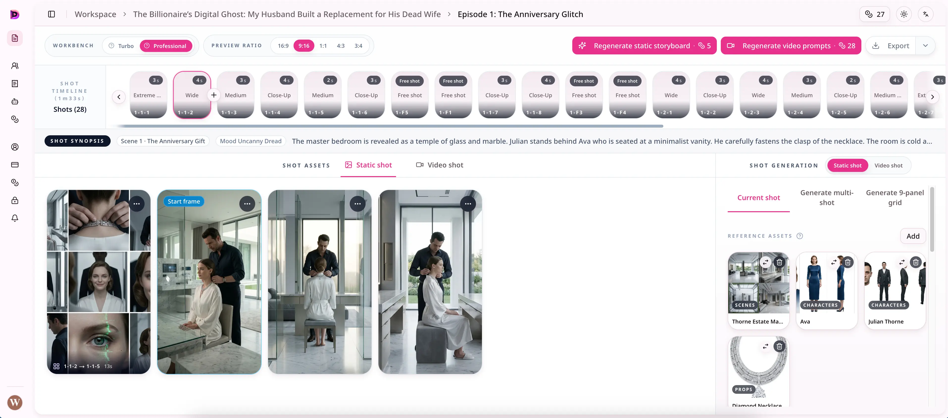 Dramily storyboard workspace showing a vertical shot timeline, generated frames, and linked scene, character, and prop references